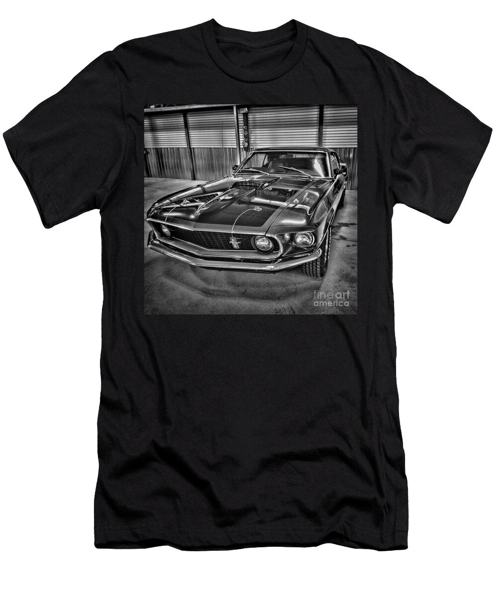Mean Green 1969 Ford Mustang Mach 1 Profile Head on Black and White Paul Ward T-Shirt