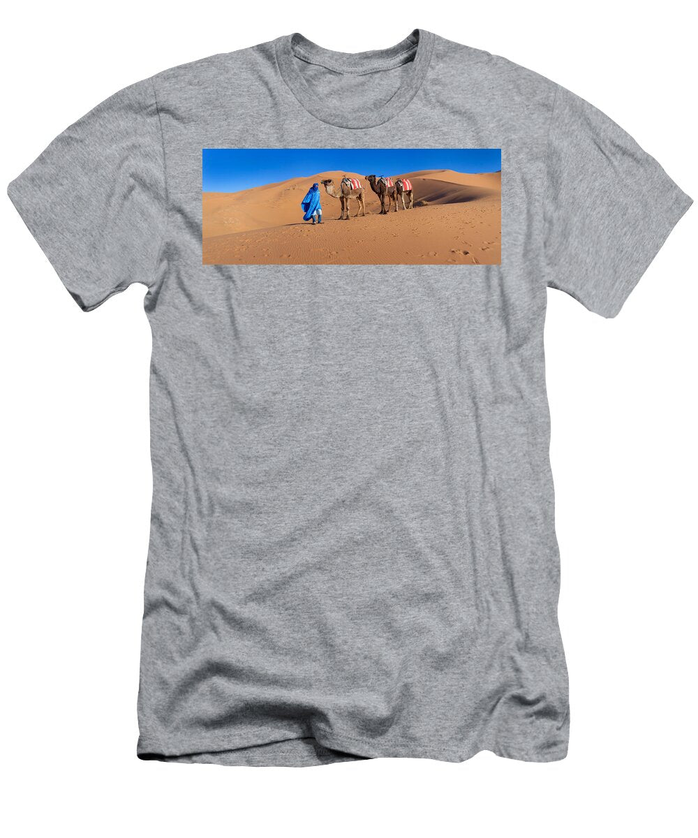 Tuareg Man Leading Camel Train Panoramic Images T-Shirt